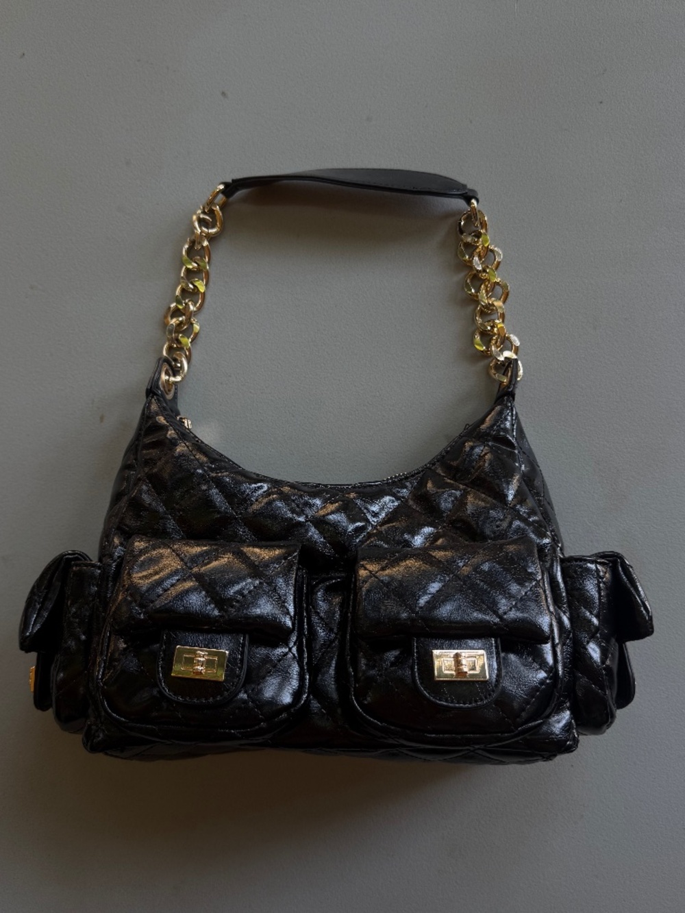 Black Quilted Shoulder Bag with Gold Chain Hardware
